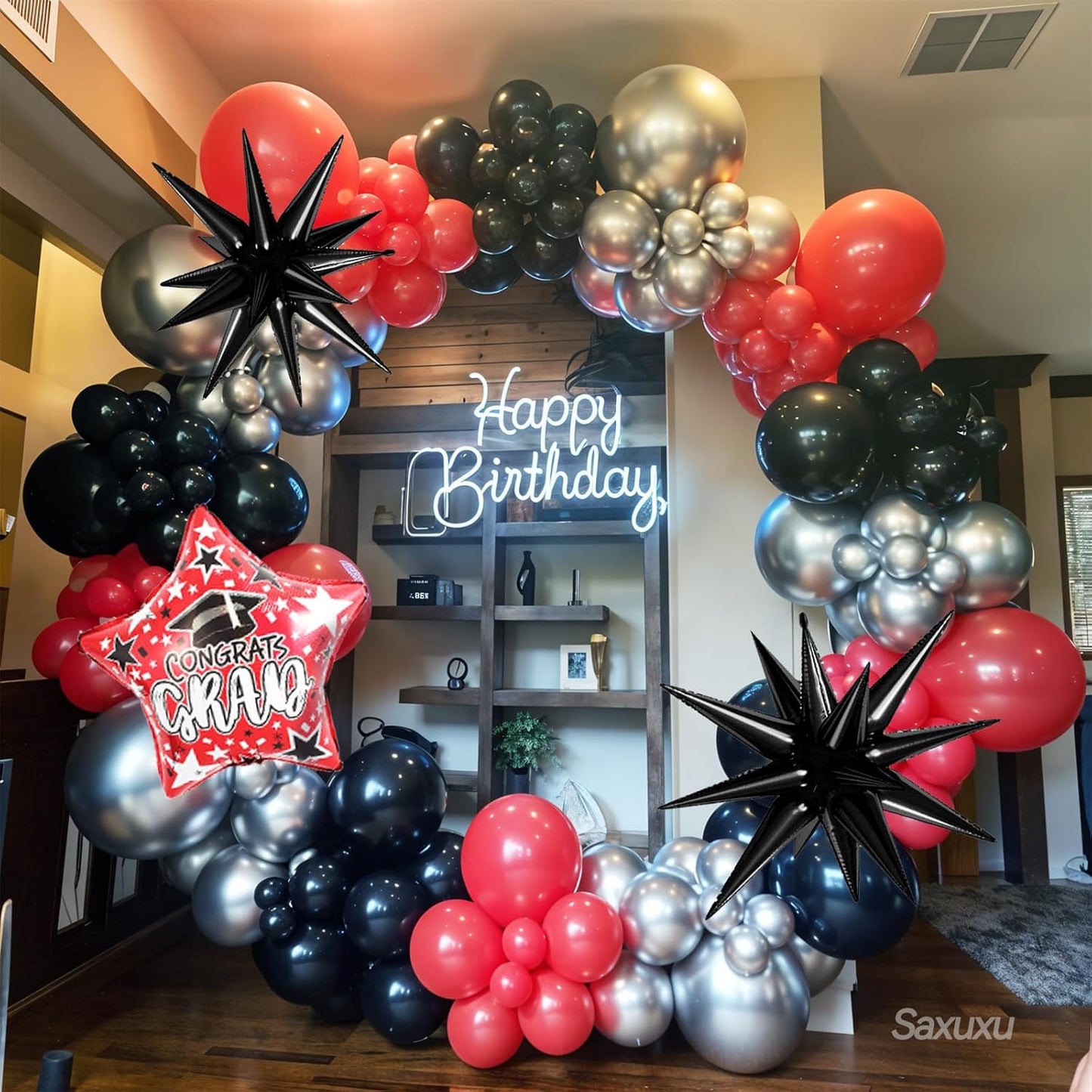 Red and Black Balloon Arch Kit, Red Black Silver Balloons Garland Arch Kit, Star Foil Balloons, Silver Confetti Balloon For Graduation Birthday Anniversary Engagement Party Wedding Decorations