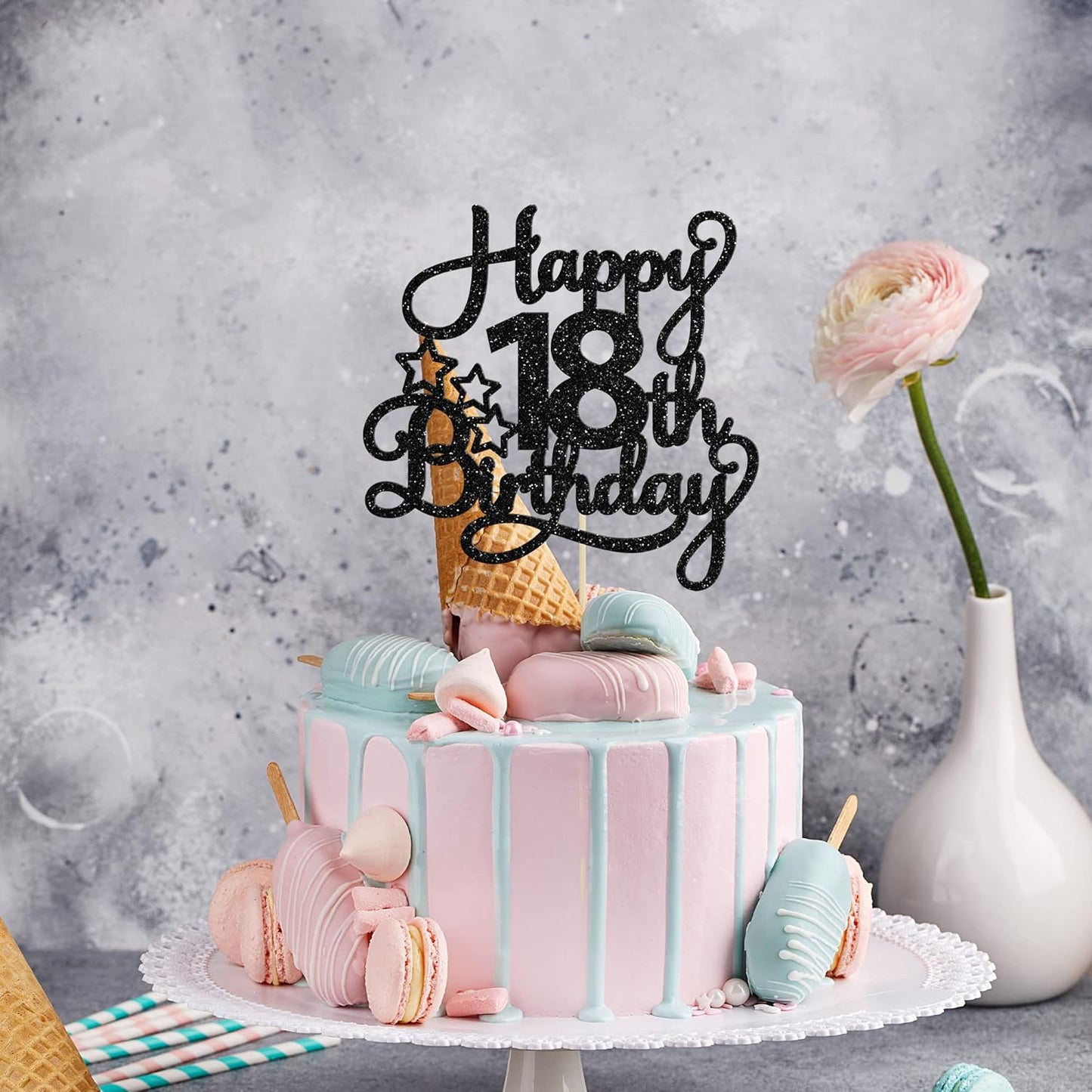 1 Pack Happy 18th Birthday Cake Topper Black Glitter 18 & Fabulous Cheers to 18 Years Old Birthday Cake Pick for Celebrating 18th Birthday Anniversary Party Cake Decorations Supplies