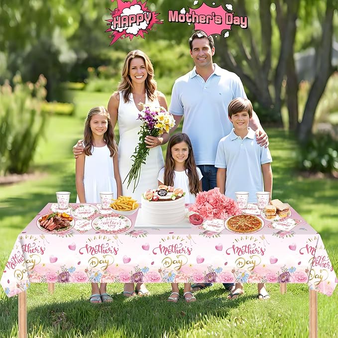 81 Pcs Happy Mothers Day Decorations Set, Includes Happy Mothers Day Dinner Paper Plates, Love You Mon Dessert Plates Napkins, Pink Tablecloth and Cups for Mother Days Party Supplies, Serves 20