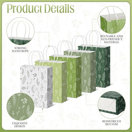 Kolldenn 50 Pcs Sage Green Wildflower Gift Bags with Handles Paper Floral Goodie Welcome Bag for Wedding Guest Baby Shower Bridal Birthday Party Favor, 5.91 x 3.15 x 8.27 Inches