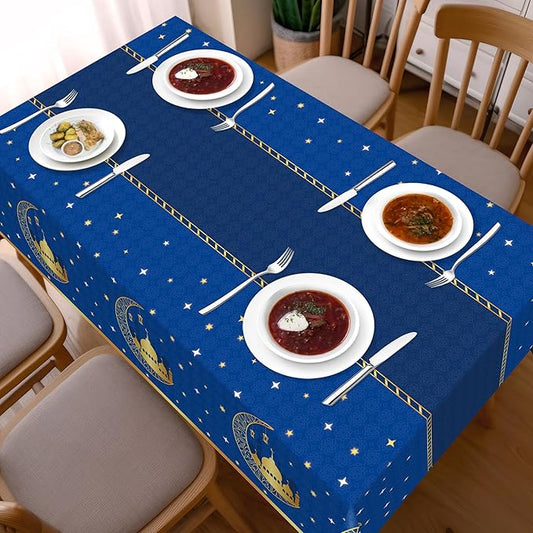 Childom 3 Pack Ramadan Table Cloth,Ramadan Decorations for Home,54" x 108" Eid Mubarak Decorations,Eid Ramadan Tablecloths Rectangular,Blue Plastic Table Cloth Disposable Table Cover for Party Favors