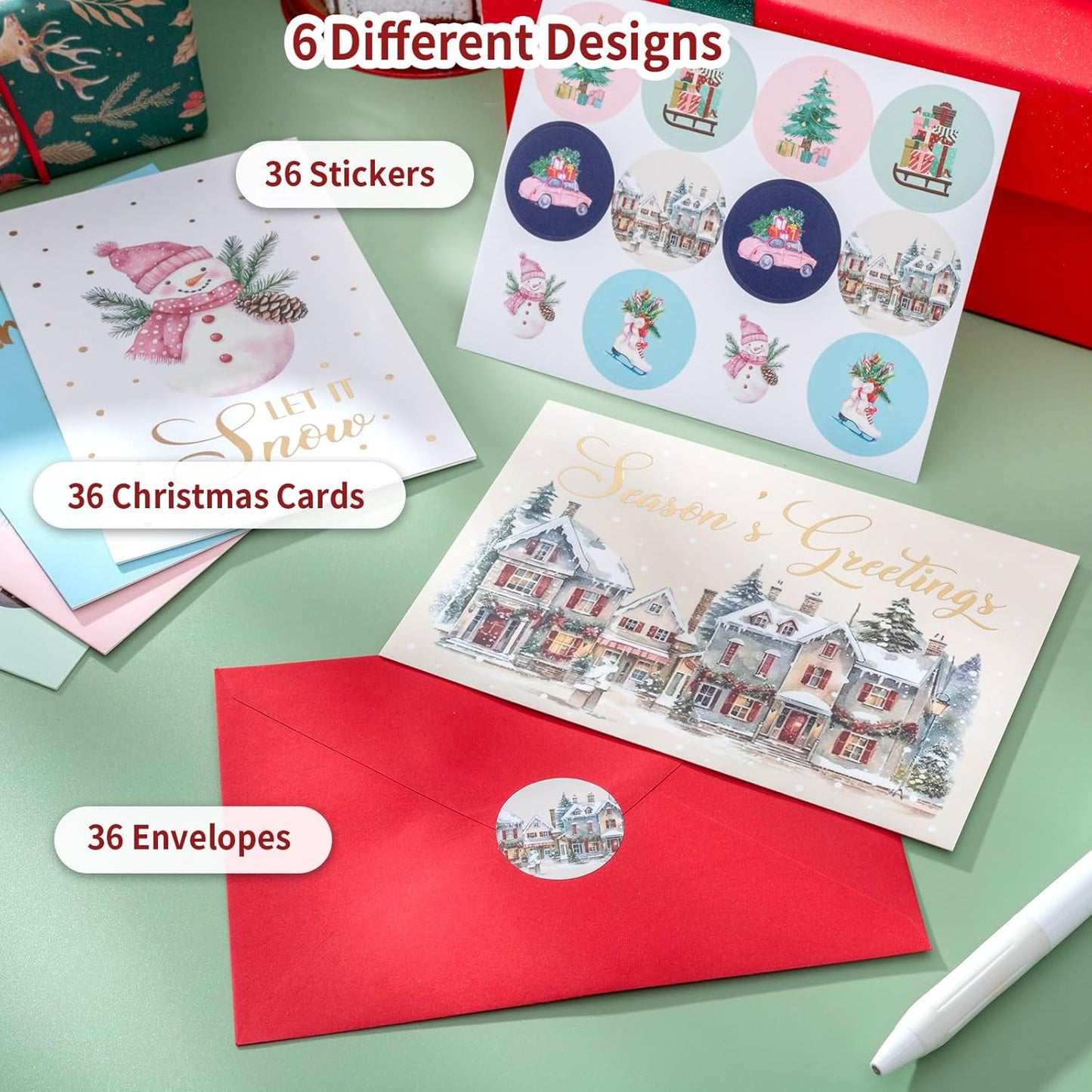 Christmas Cards, 36 Pack Merry Christmas Cards with Envelopes & Stickers, 4x6 Inch Holiday Card, 6 Assorted Designs Greeting Card for Xmas