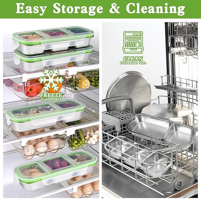UPTRUST Reusable Snack Containers with Lids, 2pcs Stainless Steel 3-Compartment Snack Box, Divided and Leak-Proof Design for Take-Out Condiments and On-the-Go Snacks