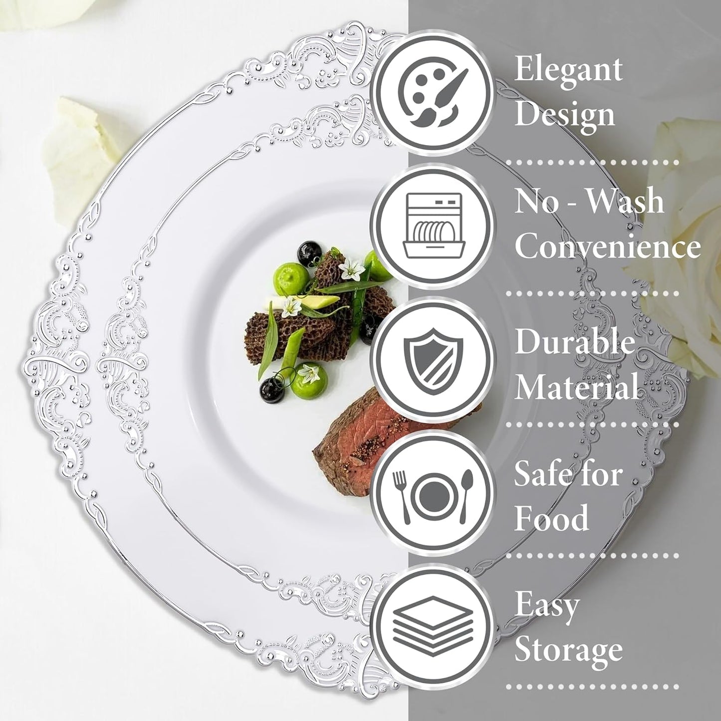 Nervure 175PCS Silver Plastic Plates - White and Silver Disposable Plates for 25 Guests Include 50Plates, 25Cups, 25Forks, 25Knives, 25Spoons, 25Napkins for Wedding & Party