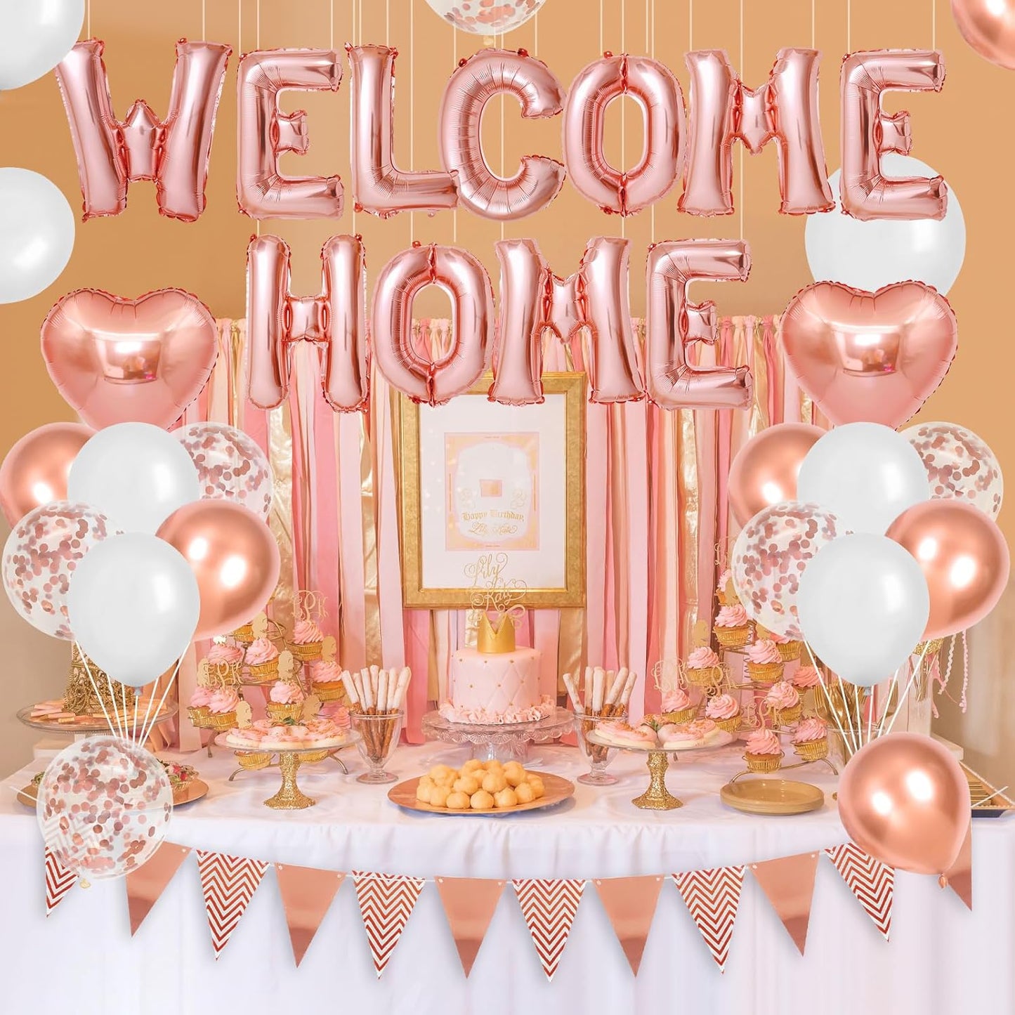 Welcome Home Decorations Rose Gold,Welcome Home Foil Balloon Banner with Rosegold Heart Balloons Pennant Flag Bunting for Housewarming Baby Shower Home Family Party Supplies