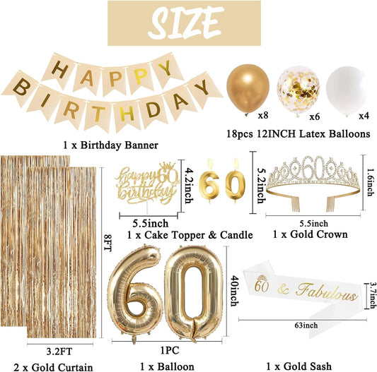 Trgowaul 60th Birthday Decorations for Women, Banner, Sash and Crown, Cake Topper, 60 Number Balloon, Fringe Curtains, Champagne Gold 60th Birthday Party Supplies