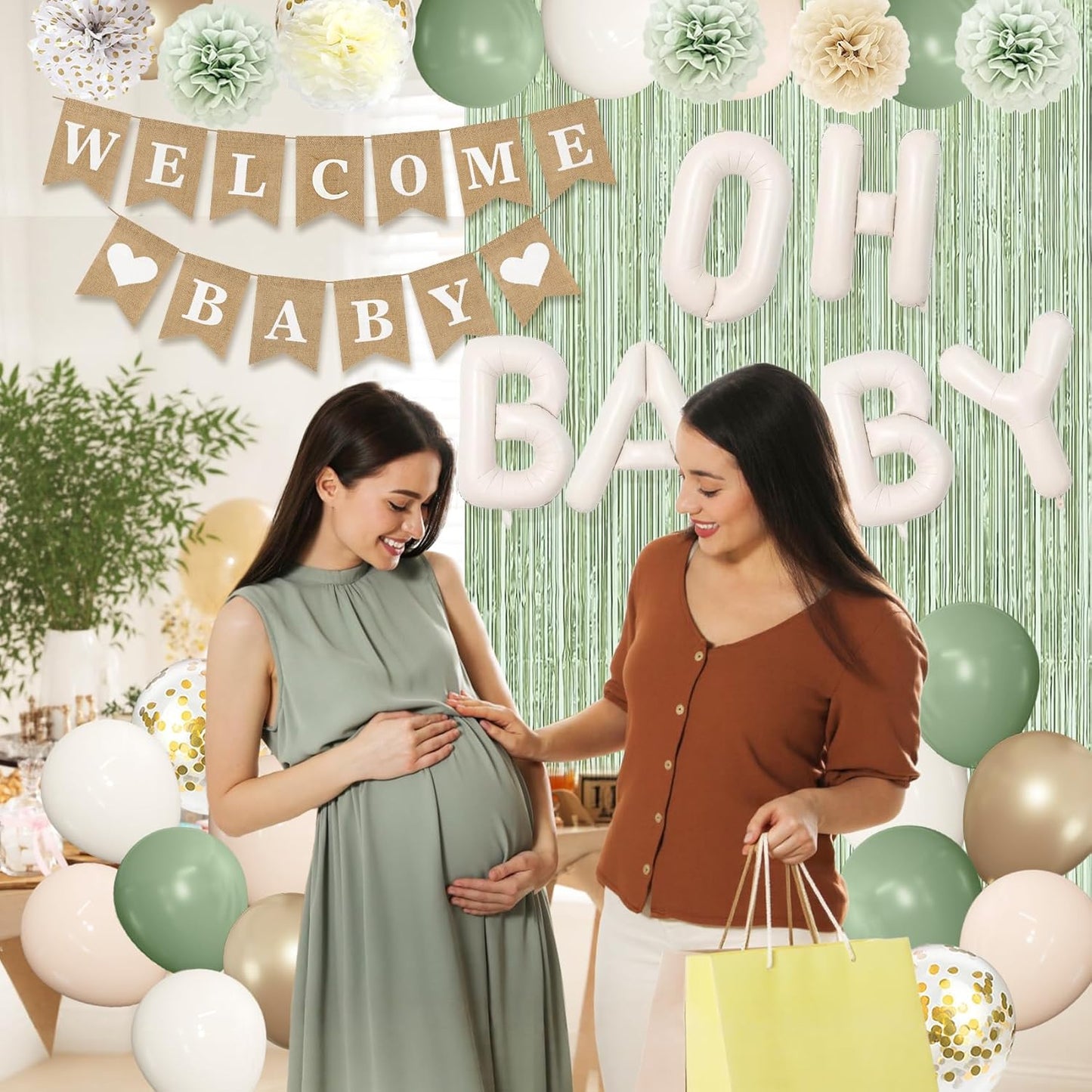 Ouddy Party Sage Green Baby Shower Decorations for Baby, Green Balloons with WELCOME BABY Banner Fringe Curtains Foil Balloons Paper Flower for Boho Baby Shower Birthday Gender Reveal Party Supplies