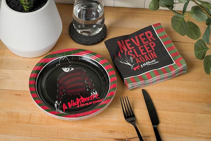 Silver Buffalo A Nightmare on Elm Street Featuring Freddy Krueger Never Sleep Again 32 Pack Partyware Disposable Paper Plates and Napkins