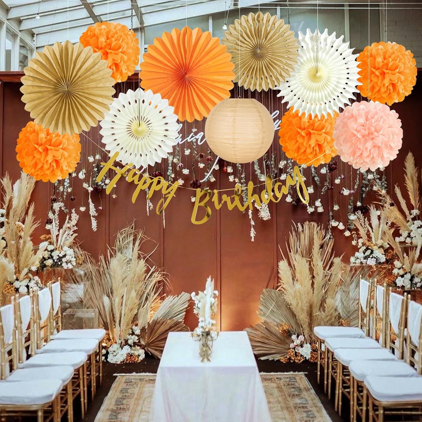 SUNBEAUTY Orange Birthday Party Decorations for Girls Women with Happy Birthday Banner Fall Hanging Paper Fans Tissue Pom Poms Lanterns for Wedding Autumn Thanksgiving Festival Party Decor