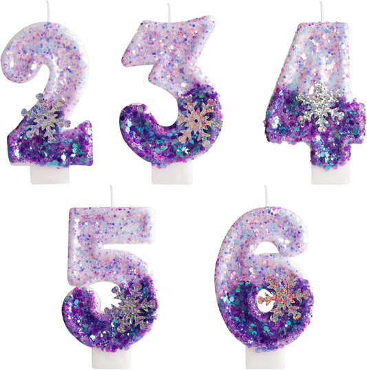 Purple White Frozen Birthday Candles, Sparkler Number 5th Birthday Candle for Party Supplies, Snow Winter Frozen Birthday Party Decorations, Number 5 Cake Toppers Decorations