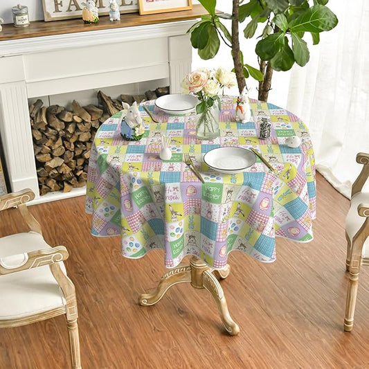 Horaldaily Easter Tablecloth 60×60 Inch Round, Plaid Bunny Rabbits Easter Egg Anemone Bowknot Colorful Washable Seasonal Table Cover for Party Picnic Dinner Decor