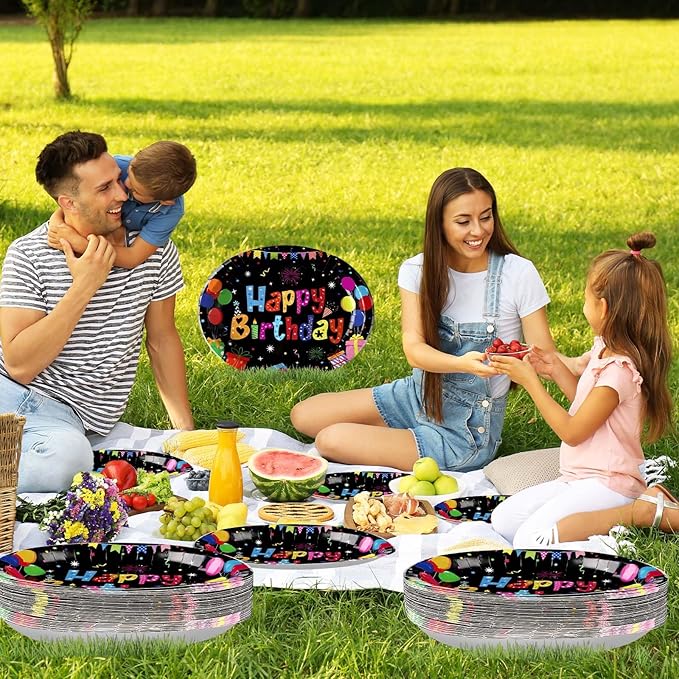 50 Pcs Happy Birthday Oval Paper Plates 10"x12" Large Colorful Black Birthday Plates Disposable Heavy Duty Birthday Theme Party Plates Happy Birthday Party Supplies for Boys Girls Birthday Party Decor