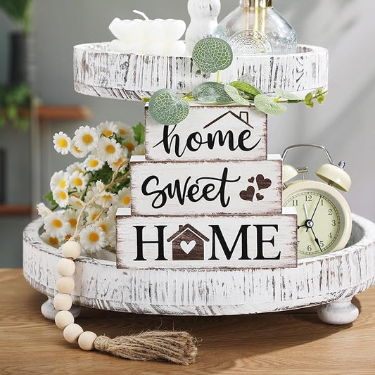 Yousoontic 5 Pcs Farmhouse Wooden Table Decor Rustic Tiered Tray Decor Neutral Block Sign Centerpiece with Bead Garland Faux Eucalyptus Leaves for Home Sweet Kitchen Entryway Living Room Shelves