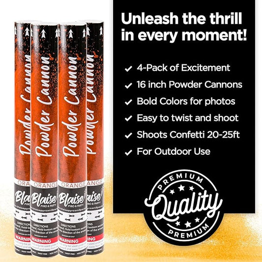 Blaise Pyro & Party - Orange Powder Poppers - Water-Soluble & Colorful Powder Cannons for Gender Reveals, Birthdays, Weddings & Celebrations - Easy to Use for Memorable Photos - 16-Inch, 4-Pack