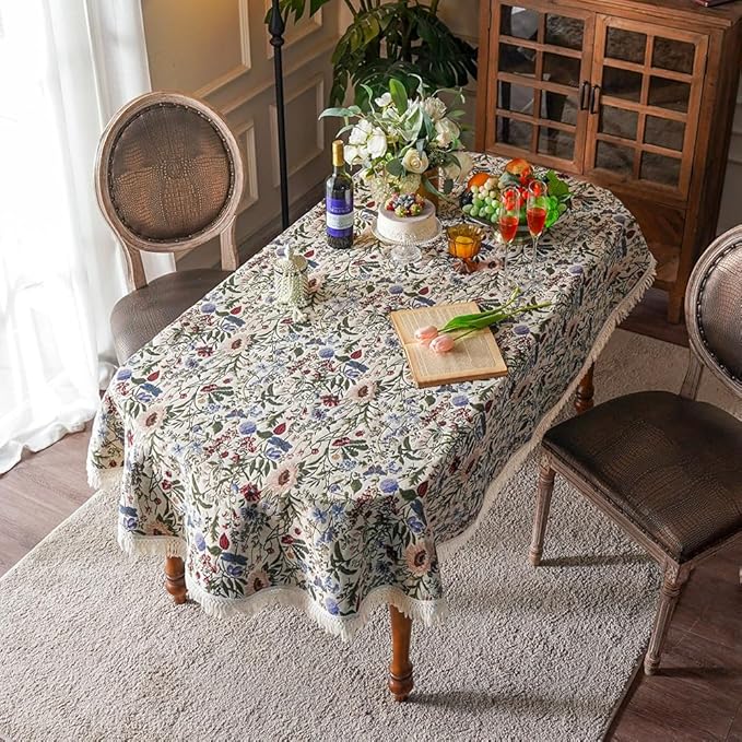 SUTAVIA French Floral Tablecloth Hand-Made Cotton Fabric with Lace Vintage Berry Garden Pattern Tabletop Sofa Cover Blanket for Home Holiday Party Decor (Red Floral, Oval, 52"x70")