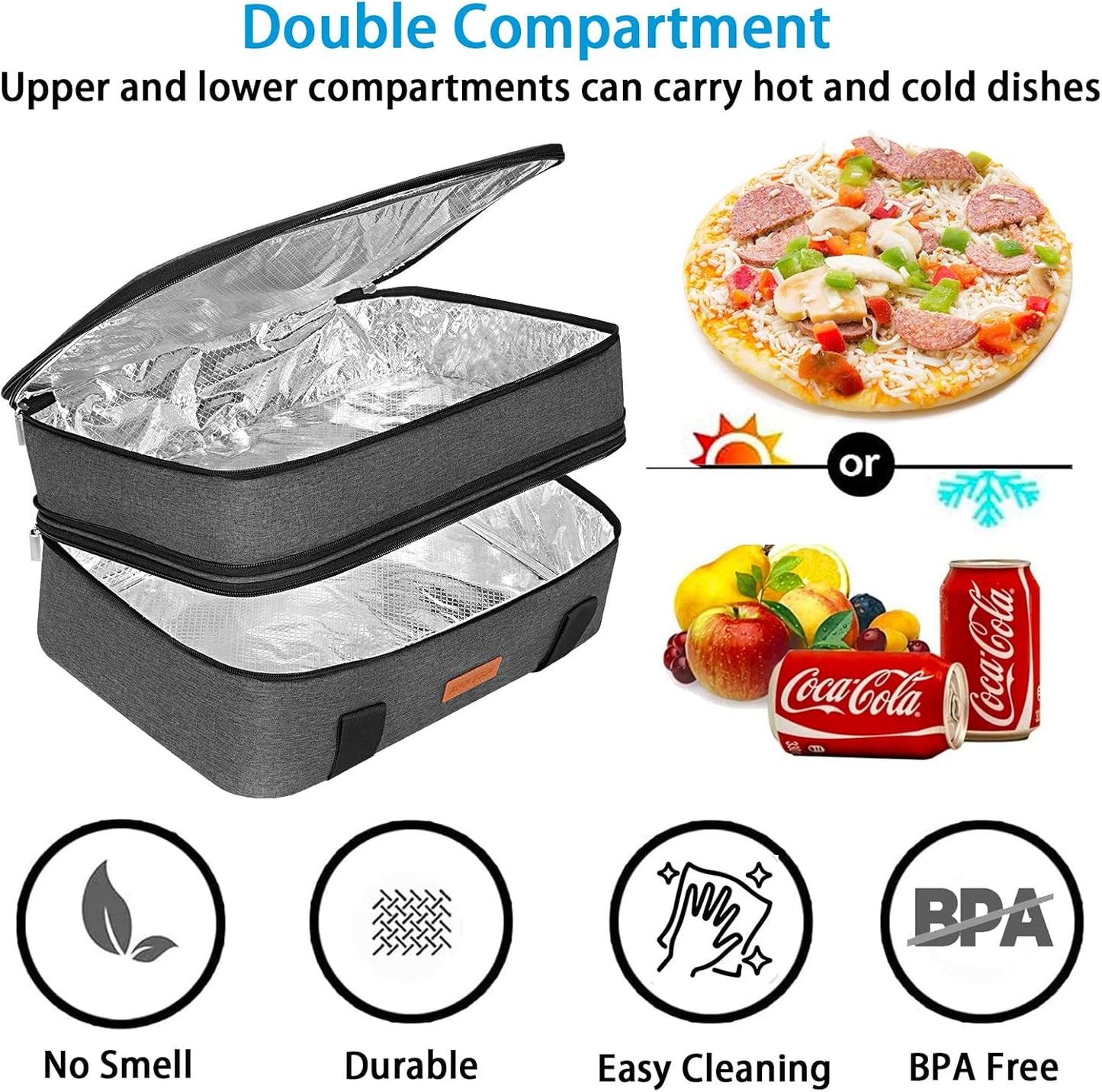 Double Decker Insulated Casserole Carrier for Hot or Cold Food, Expandable Food Carrier for Potluck Parties, Picnic, Cookouts, Fits 11 x 15 or 9 x 13 Lasagna Pan, Baking Dish(Gray)