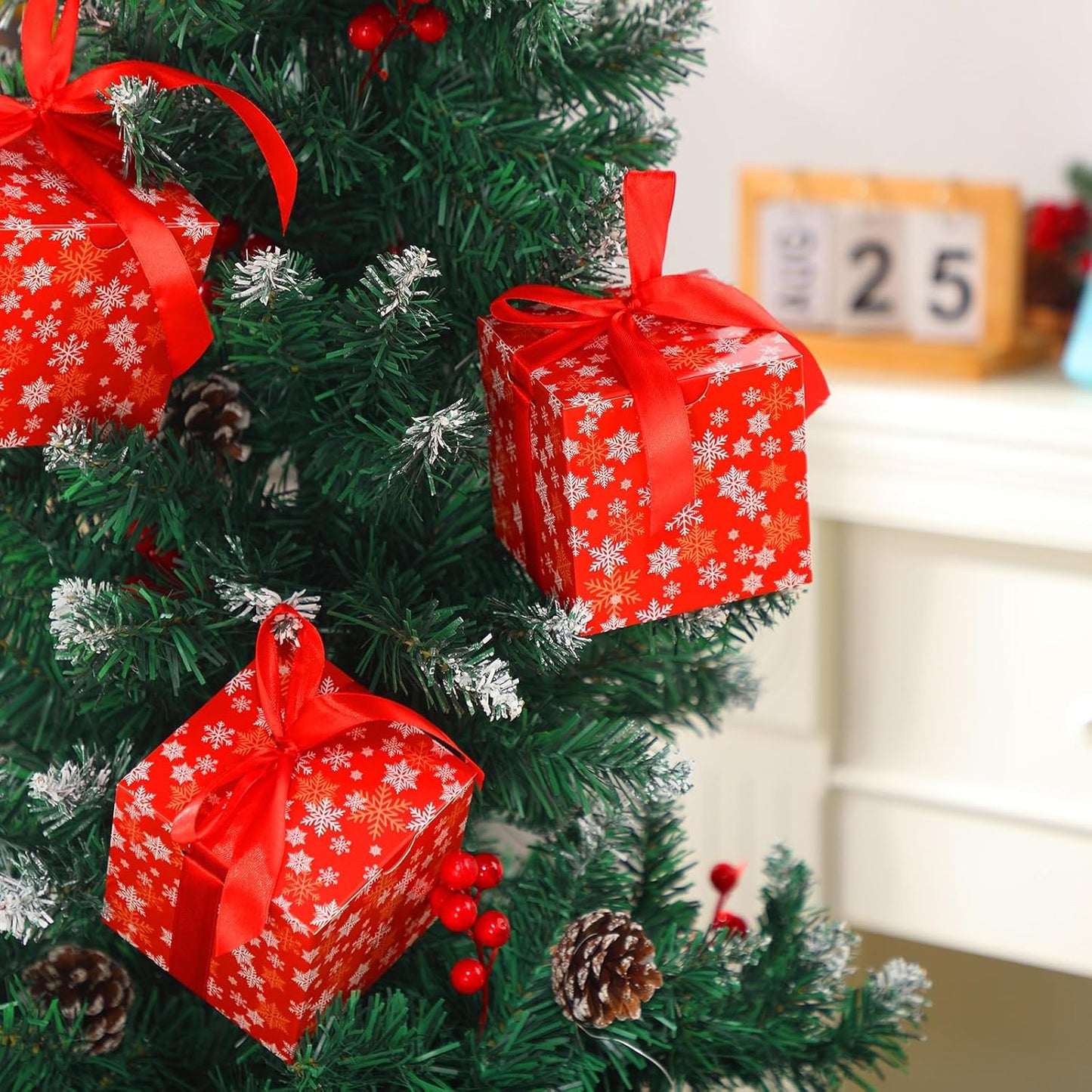 Dispowreath 48 Pcs 4x4x4 Christmas Gift Boxes with Ribbon Xmas Small Box with Lids Treat Boxes for Gift Wrapping Ornaments Wedding Holiday Birthday Party Favor (Snowflake)