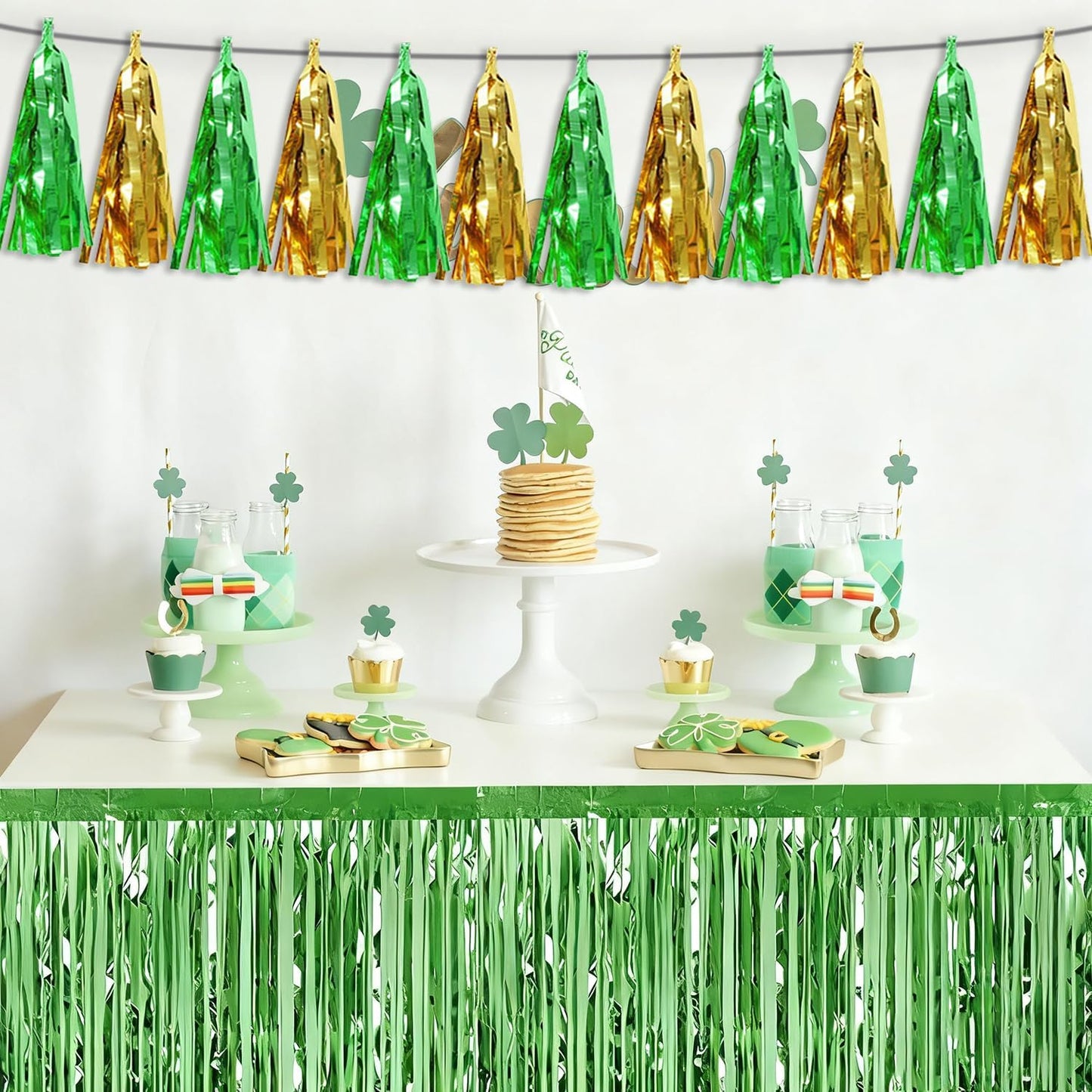 4P Sage-Green Gold Tassel Banner Garland Metallic Foil Fringe Banner Tinsel Tassels Streamer Banner Backdrop for Parade Floats, Graduation Decorations, Woodland Party Decoration