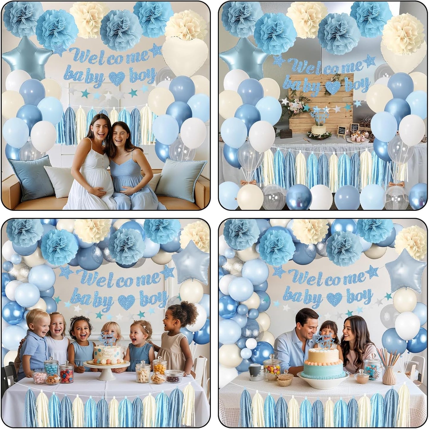 Dusty Blue Baby Shower Decorations for Boy, Welcome Baby Boy Banner Slate Light Metallic Blue White Sand Latex Balloons with Pom Poms Cake Topper Tassel for Boho Baby Shower Birthday Party Supplies