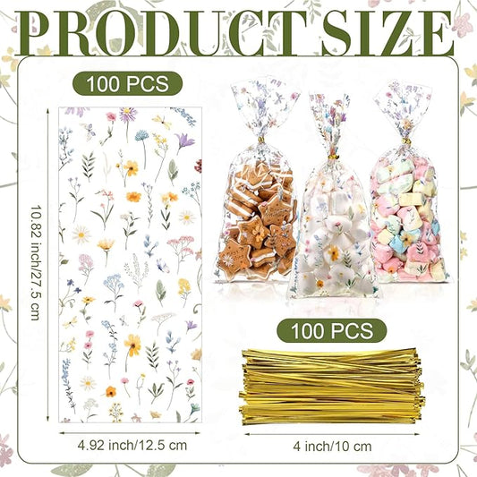 Sweetude 100 Pcs Wildflower Party Cellophane Treat Bags Floral Candy Plastic Clear Goody Bags Flat Bottom Gift supplies for Baby Shower Bridal Shower Birthday Wedding Party Favors,11 x 5