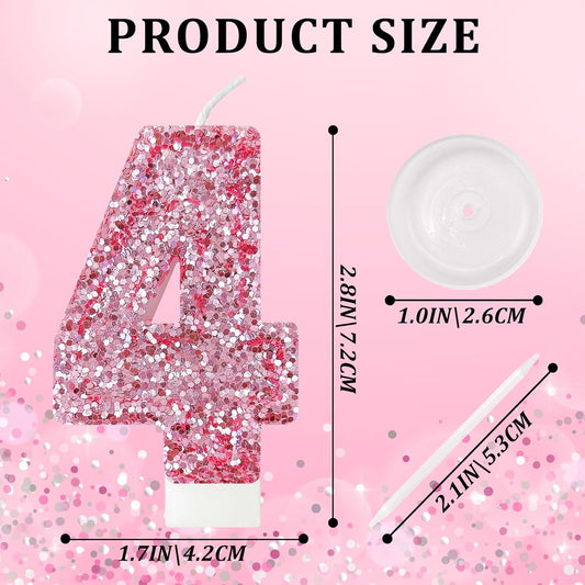 Birthday Number Candles, Glitter Number Candle Cake Decorations with Sequins, Cupcake Decorations for Girls, Women, Party Anniversary Celebrations (Number 4, Pink)