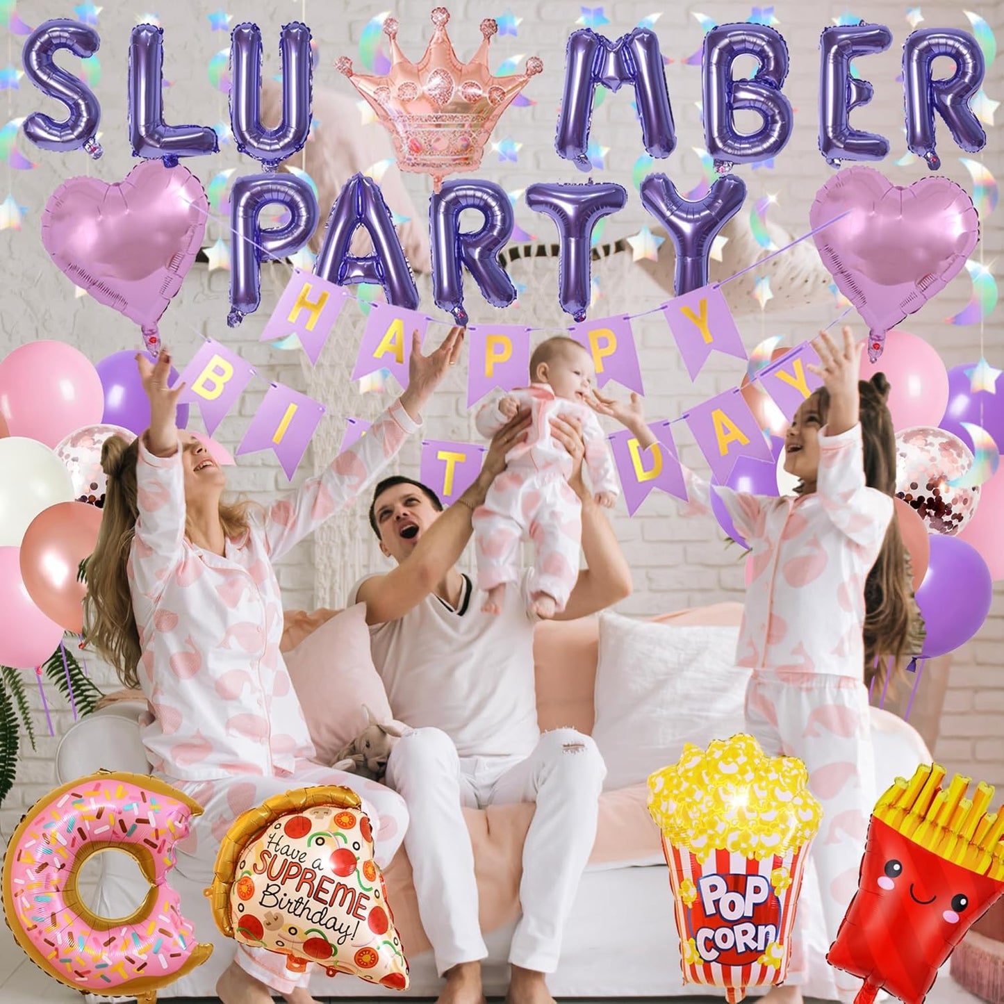 Slumber Birthday Party Supplies Girls - Purple Slumber Party Balloon Banner Large Popcorn Donut Pizza Crown Foil Balloons Set Girls Night Sleepover Pajama Theme Party Decorations