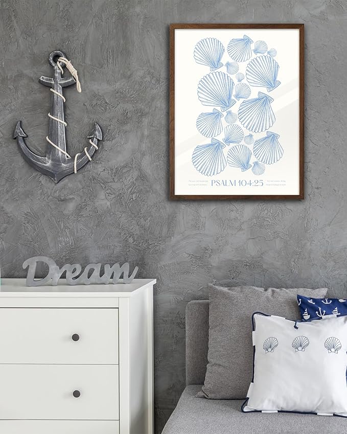 EcoHest Christian Bible Verse Framed Wall Art, 12x16 in Walnut Color OAK Wood Seashell Nautical Scripture Quote Canvas Wall Art, Psalm 104:25 Home Decor, Beige Logs 1Pack for Bedroom Living Room