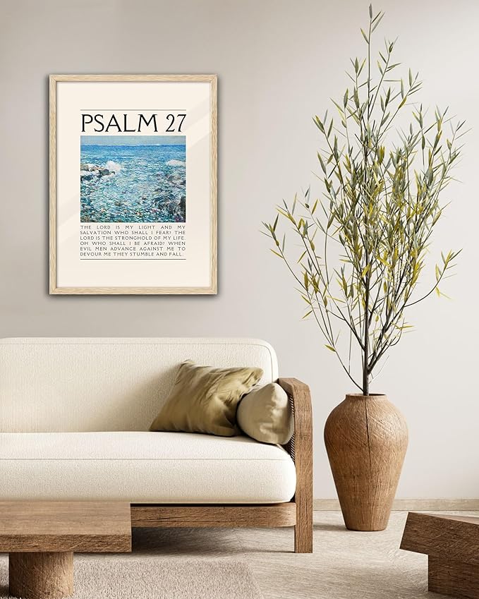 EcoHest Psalm 27 Oak Wood Framed Canvas Wall Art | 16x20" Christian Scripture Print for Bedroom & Living Room