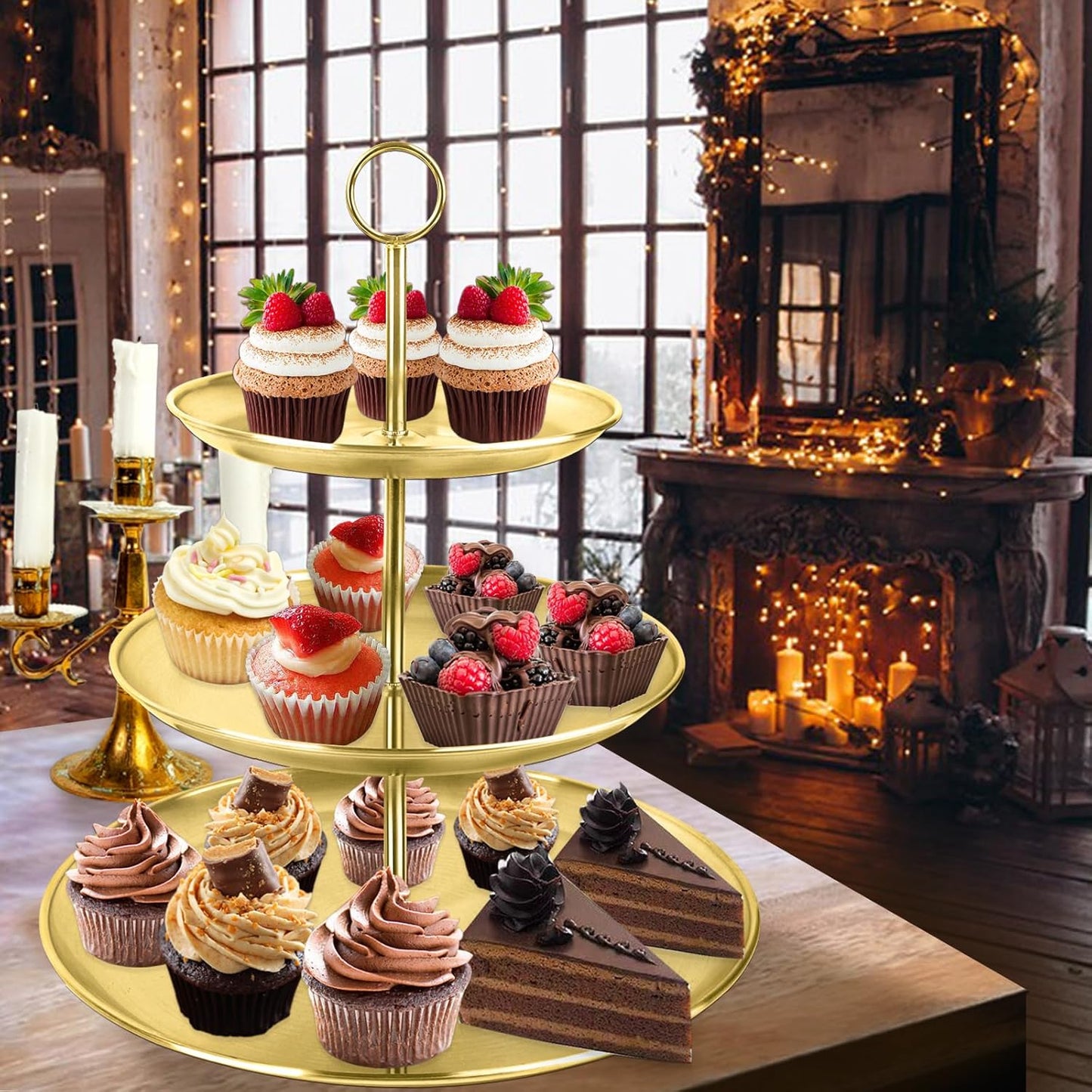 3 Tier Gold Cupcake Stand Stainless Steel Dessert Display Rack with Removable Tiered Tray for Parties,Weddings,Birthdays,Decorations,Any Festivals and Festivities(Stainless Steel Pole)
