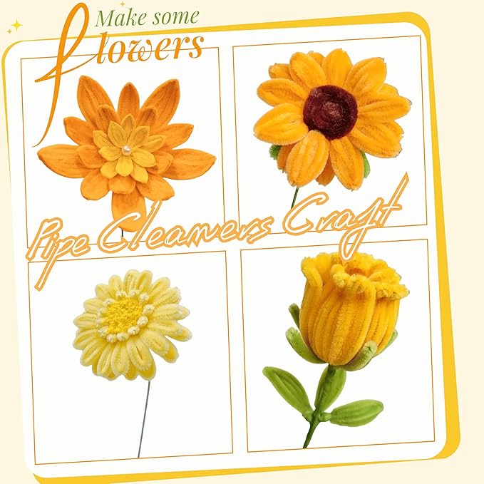 620 Pieces Pipe Cleaners Craft Set, 600 Pcs Chenille Stems with 20 Pcs Flower Stems, Craft Supplies Bulk for DIY Art and Craft Projects Creative Gift Wrapping Party Decorations(Golden Yellow Series)