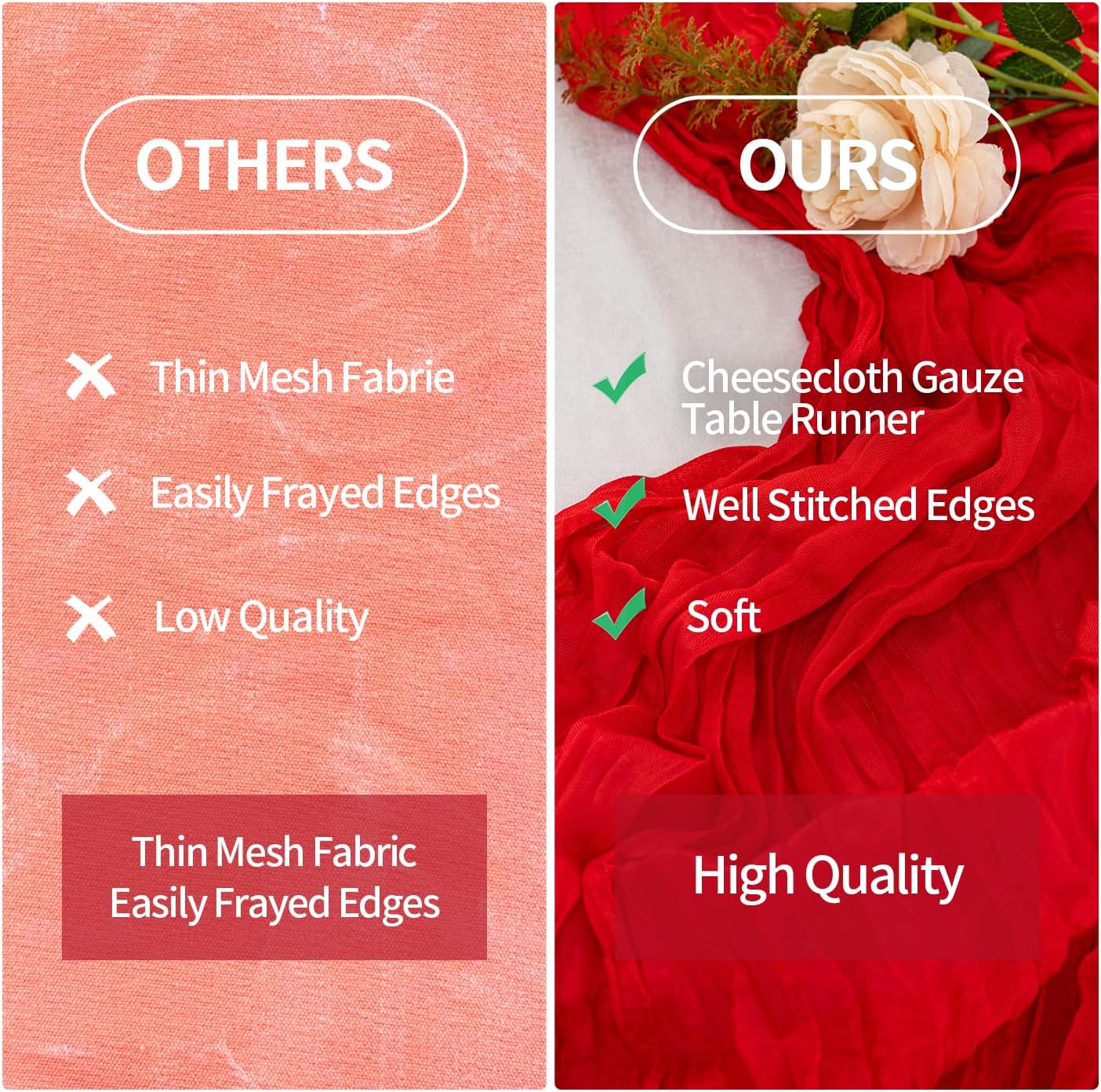 6 Pack Christmas Table Runner Red Cheesecloth Table Runner, 120 Inch Boho Gauze Table Runner, Rustic Sheer Cheese Cloth Fabric for Wedding Bridal Baby Shower Party Centerpiece Home Decor