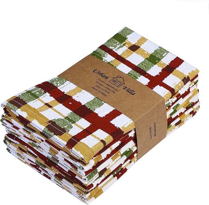 Urban Villa Cloth Napkins Set of 12 20x20 Inches 100% Cotton Napkins Cloth Washable Durable Reusable Absorbent Table Dinner Napkins Cloth for Thanksgiving Hotel Lunch Restaurant Parties – Fall Checks