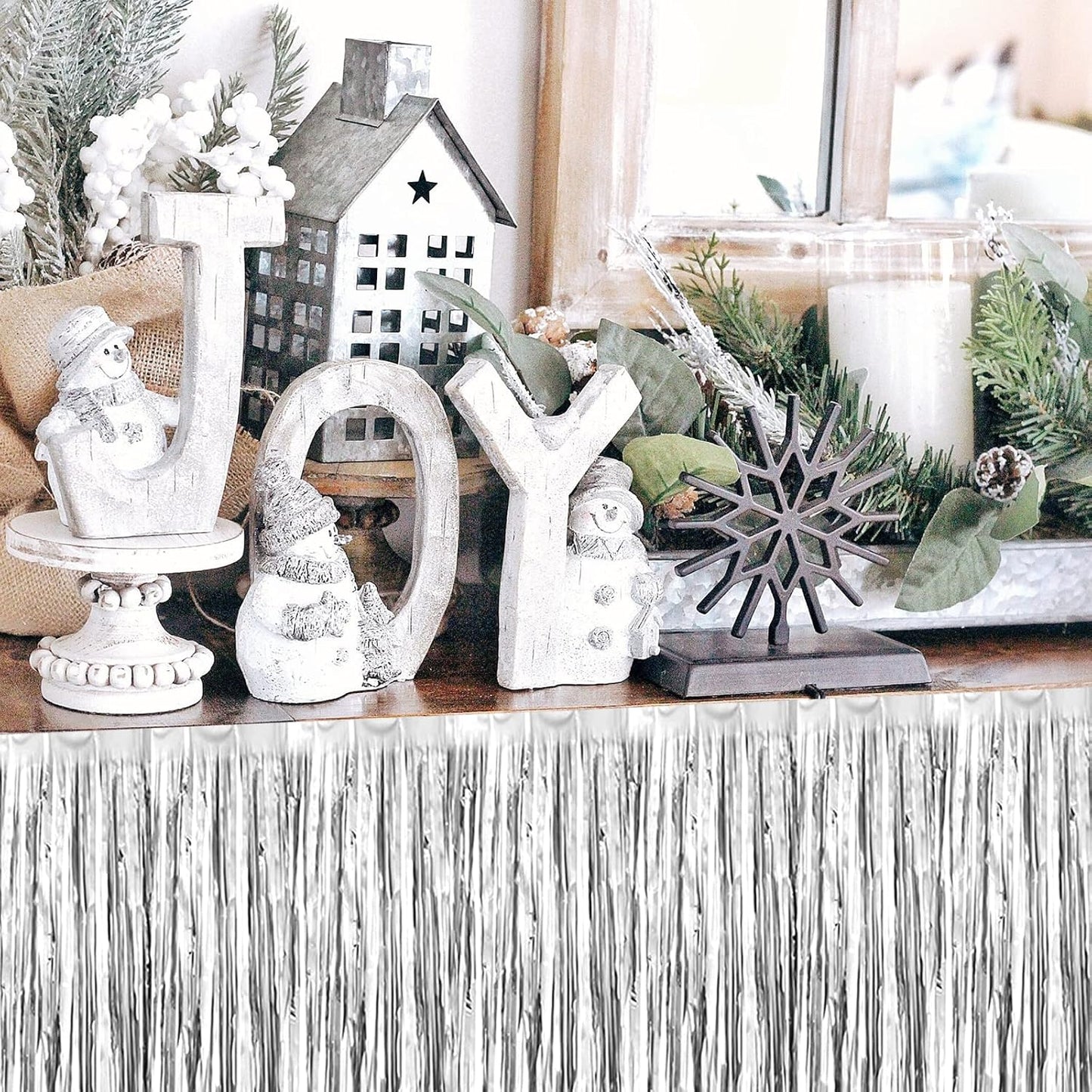 6 Pack 29x108 Inch 2024 New Year Metallic Foil Fringe Table Skirts Banner for Tinsel Streamer Garland Curtains Backdrop for Parade Floats Wedding Baby Shower Birthday Party Decoration Silver