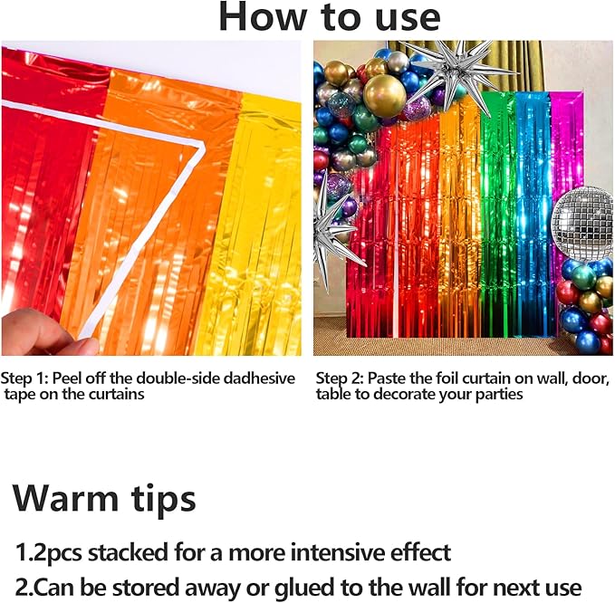 4 Packs Rainbow Foil Fringe Curtain, Assorted Color Metallic Tinsel Backdrop for Birthday, Baby Shower, Wedding, Rainbow Party Decorations Supplies