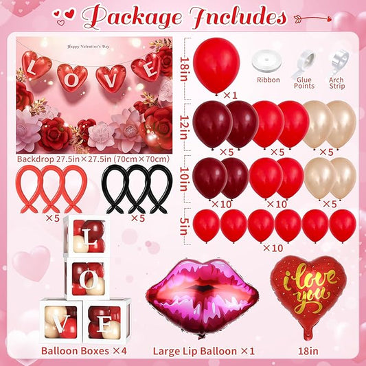 Valentines Day Party Decorations, Balloon Boxes with Letters/Backdrop/I Love You & Lip Foil Balloon/Long Balloons/Red and Rose Gold Balloons, Galentines Wedding Engagement Anniversary Decor