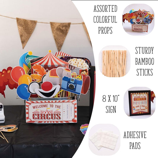 Carnival Photo Booth Props - 41-pc Photobooth Kit with 8 x 10-Inch Sign, 60 Adhesive Pads, 45 Sticks - Circus Theme Party Decorations - Carnival Backdrop