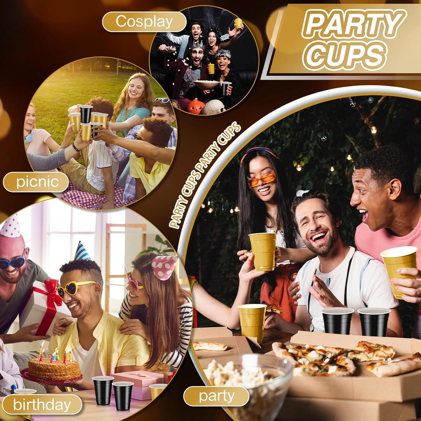 Lounsweer 100 Pack 16 Ounce Christmas Plastic Party Cups Disposable Heavy Duty Drinking Water Cups for Holiday Christmas Festival Wedding New Year Birthday Party Supplies(Black, Gold)
