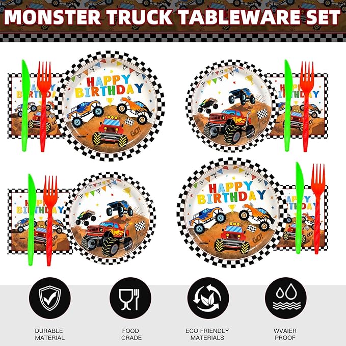 182pcs Monster Truck Party Supplies,Kids Birthday Plates and Napkins Set for Boys Birthday Party Decorations,Serves 30 Guests