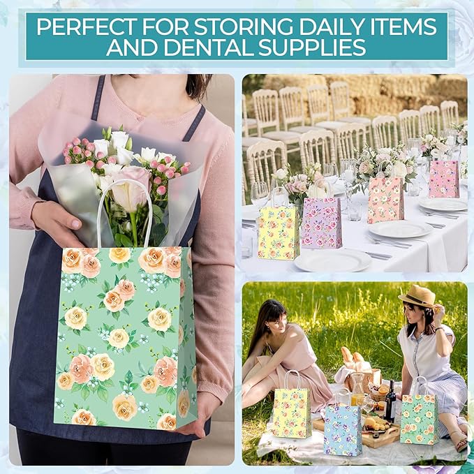 Resholder 30 Pcs Floral Paper Gift Bags with Handles Welcome Tea Party Favor Bags Spring Flower Goodie Gift Candy Treat Pouches for Wedding Bridal Shower Baby Shower Birthday Mother's Day Party