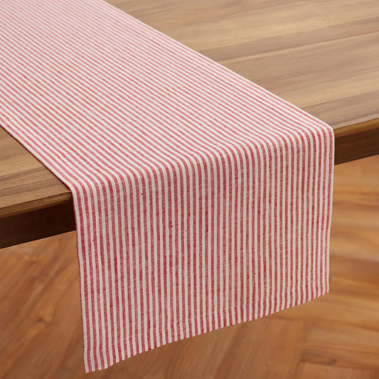 Solino Home Linen Table Runner 48 Inches - Narrow Stripe 100% Pure Linen Red and White Farmhouse Table Runner 14 x 48 Inch Ideal for Dresser and Coffee Tables - Christmas, Holiday