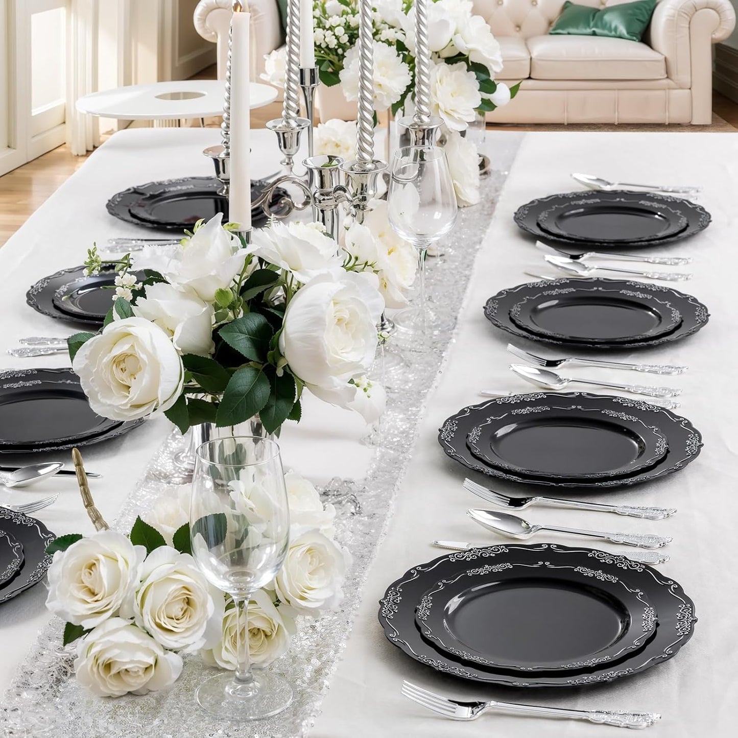 DaYammi 60PCS Black and Silver Plastic Plates, Heavy Duty Black and Silver Disposable Plates Premium 10inch Dinner Plates Hard Plastic Plates Disposable for Halloween Party and Wedding
