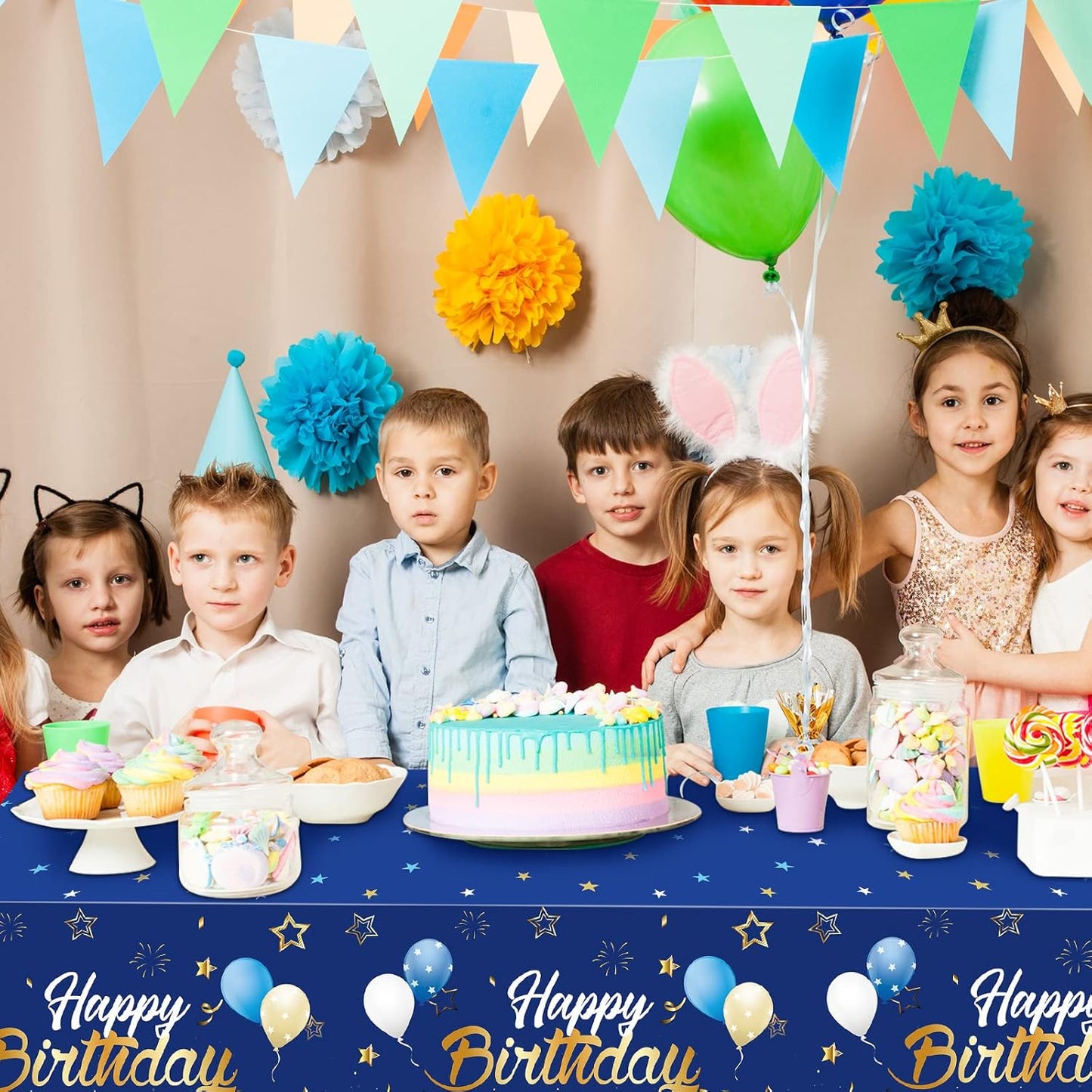 Tegeme Navy Blue Party Supplies Stars Happy Birthday Tablecloths Starry Confetti Table Covers for Kids Boys Girls Baby Shower Birthday Party Decorations(Navy Blue and Gold,2 Pack)