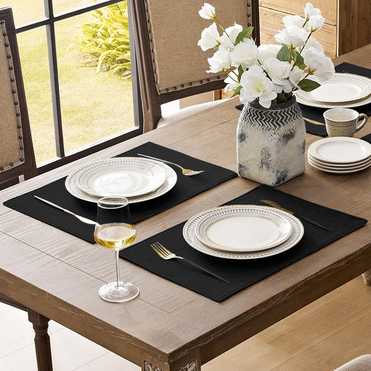 Romanstile Cloth Placemats Set of 8-12 x 18 Inch, Heat Resistant Double Layered Thickened Burlap Place Mats, Washable Faux Linen Farmhouse Table Mats for Kitchen/Dining/Party/Outdoor, Black