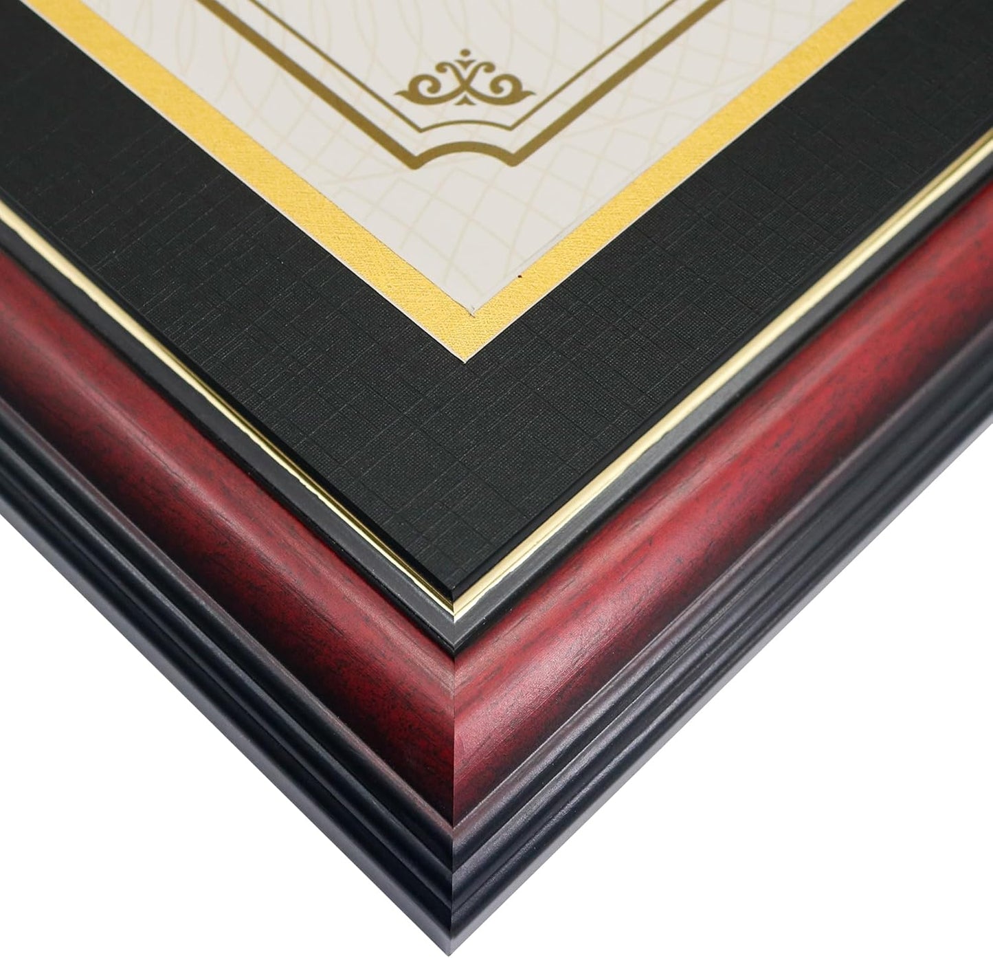 GraduationMall 11x19 Cherry Diploma and Photo Frame for 8.5x11 Certificate,5x7 Picture,Tempered Glass,Black over Gold Double Mat
