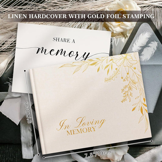 Lanpn Funeral Guest Book for Memorial Service, Linen in Loving Memory Registry Guest Book, Funeral Favors Sign in Books for Guests Celebration of Life Memory Book for Funeral with Table Sign, Beige