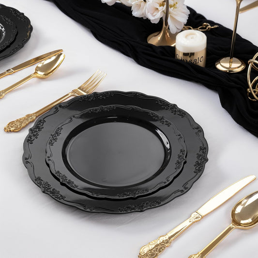 DaYammi 60PCS Black Plastic Plates, Heavy Duty Black Disposable Plates Premium 7.5 inch Dessert Cake Salad Appetizer Plate Hard Plastic Plate Disposable for Party Wedding