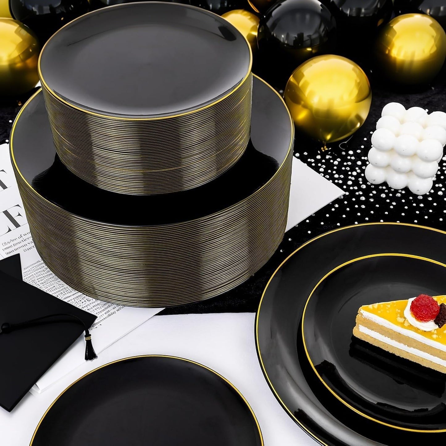KIRE 350 PCS Plastic Dinnerware Set for 50 Guests - Black and Gold Plates 50 for Dinner 50 for Dessert & 50 Pre Rolled Napkins with Disposable Silverware 50 Cups for New Year/Banquet/Wedding