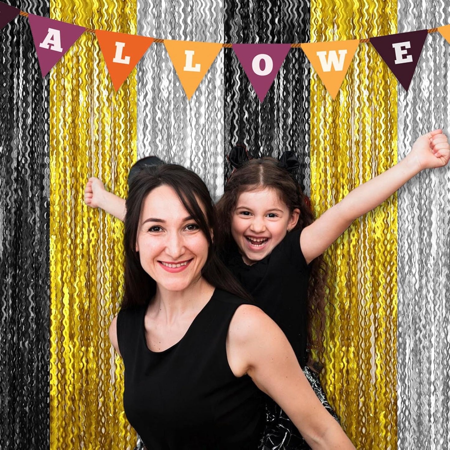 4 Pack Black Gold Silver Fringe Curtain Backdrop 3.2Ft x 8.2Ft Metallic Tinsel Foil Fringe Streamers Background for Photo Booth Mother's Day, Easter, Carnival, Birthday, Wedding Party Decoration