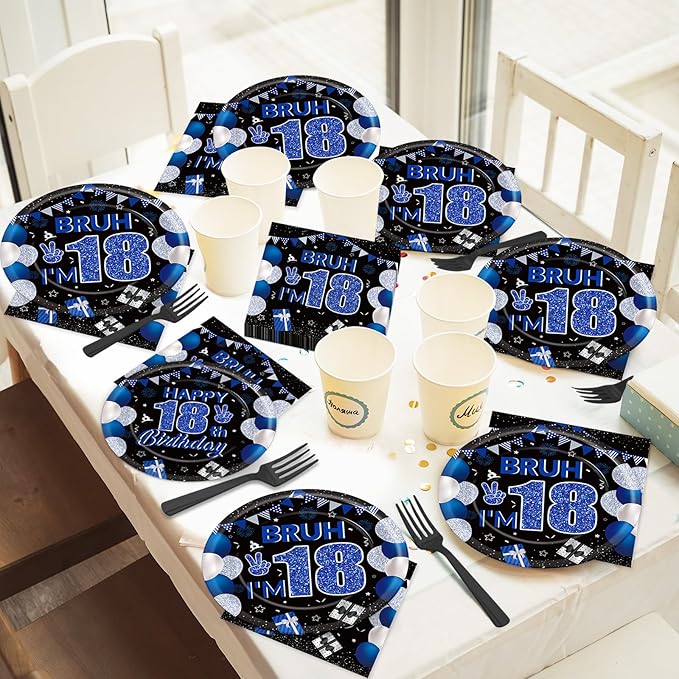 96PCS 18th Birthday Party Paper Plates and Napkins and Forks Set for Blue and Silver Bruh I'm 18 Years Old Party Paper Plates Disposable Decor Happy 18th Parties Set for Teens Birthday Decorations