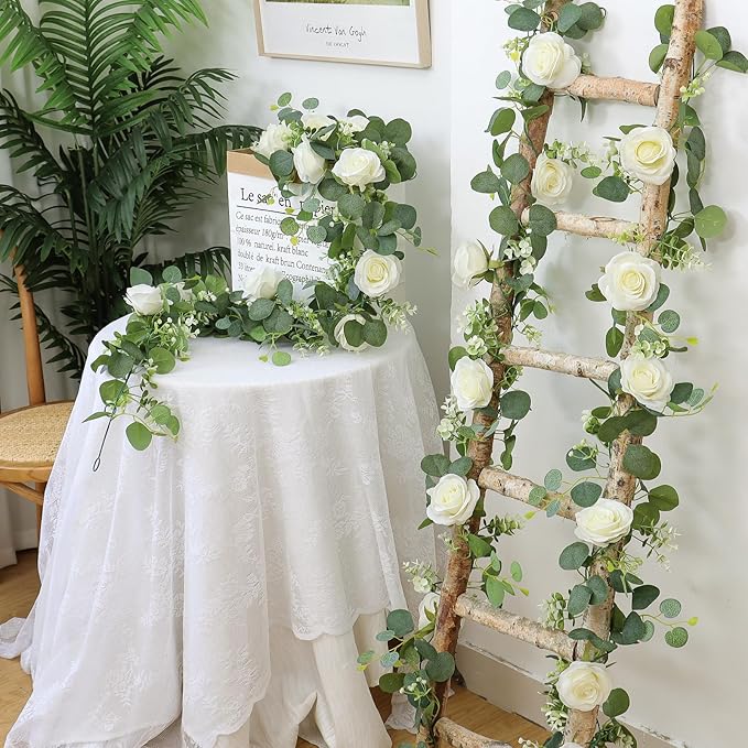 TOCHGREEN 4Pcs(26 Ft) Artificial Eucalyptus & White Rose Flower Garland, Faux Rose Vine & Gypsophila Greenery for Party & Wedding Decor (White, 4PCS)